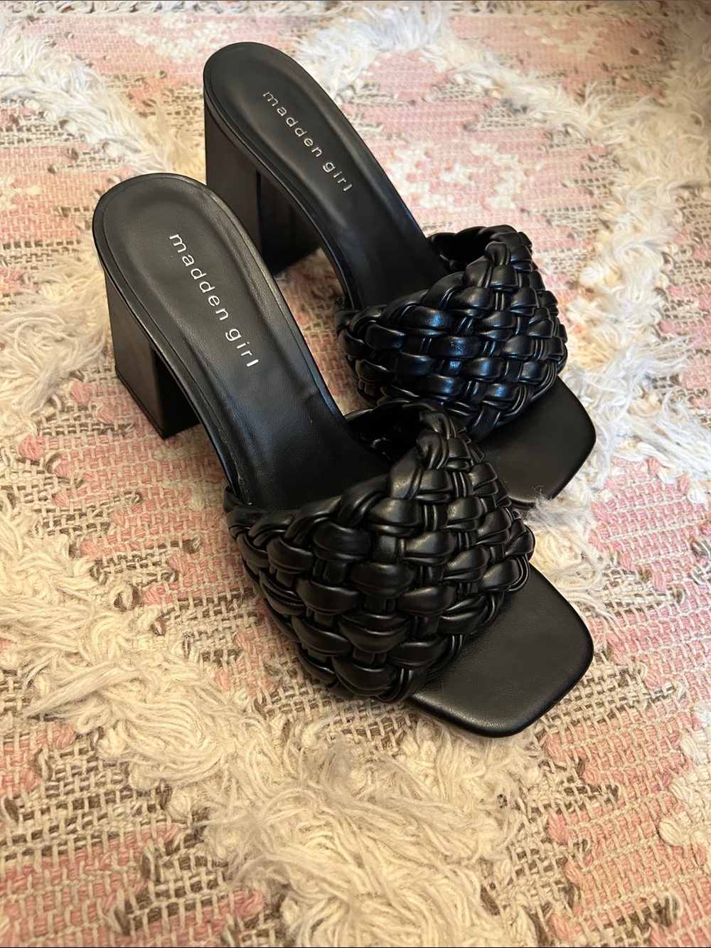Madden Girl Black Braided Square-Toe Block Heel Slides